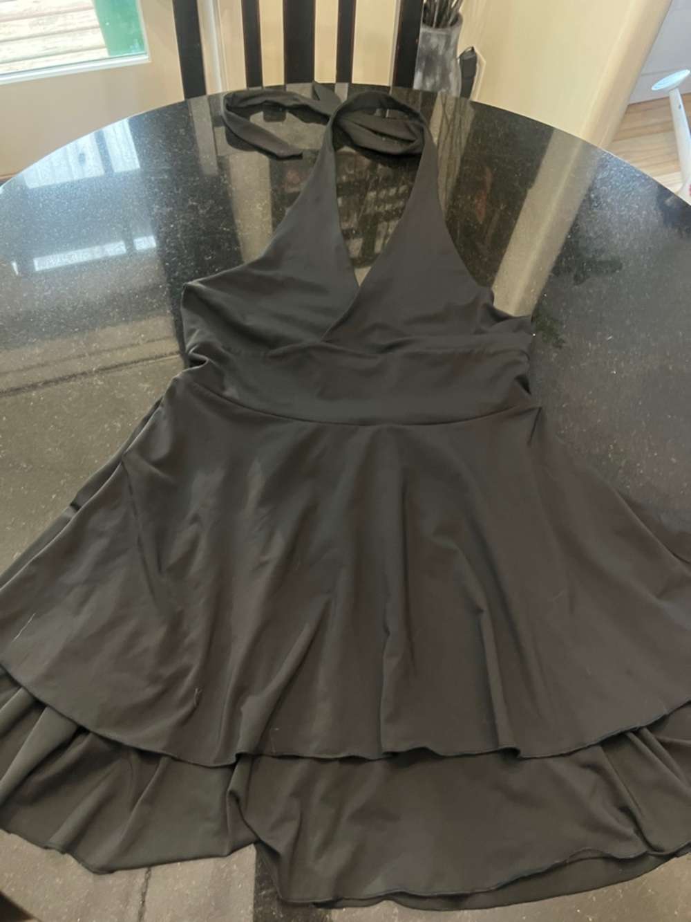 Allegra K Black Backless Halter Tiered Skater Dress